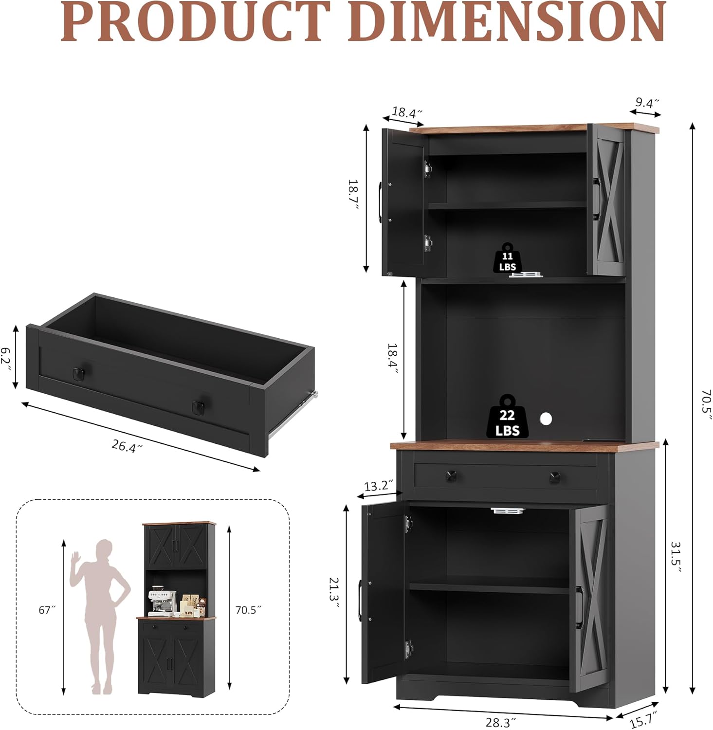 IDEALHOUSE 71" Pantry Cabinet with Charging Station, Tall Kitchen Pantry Storage Cabinet with Microwave Stand, Large Farmhouse Kitchen Hutch with Cabinet Doors & Drawer for Living Room, Dining Room