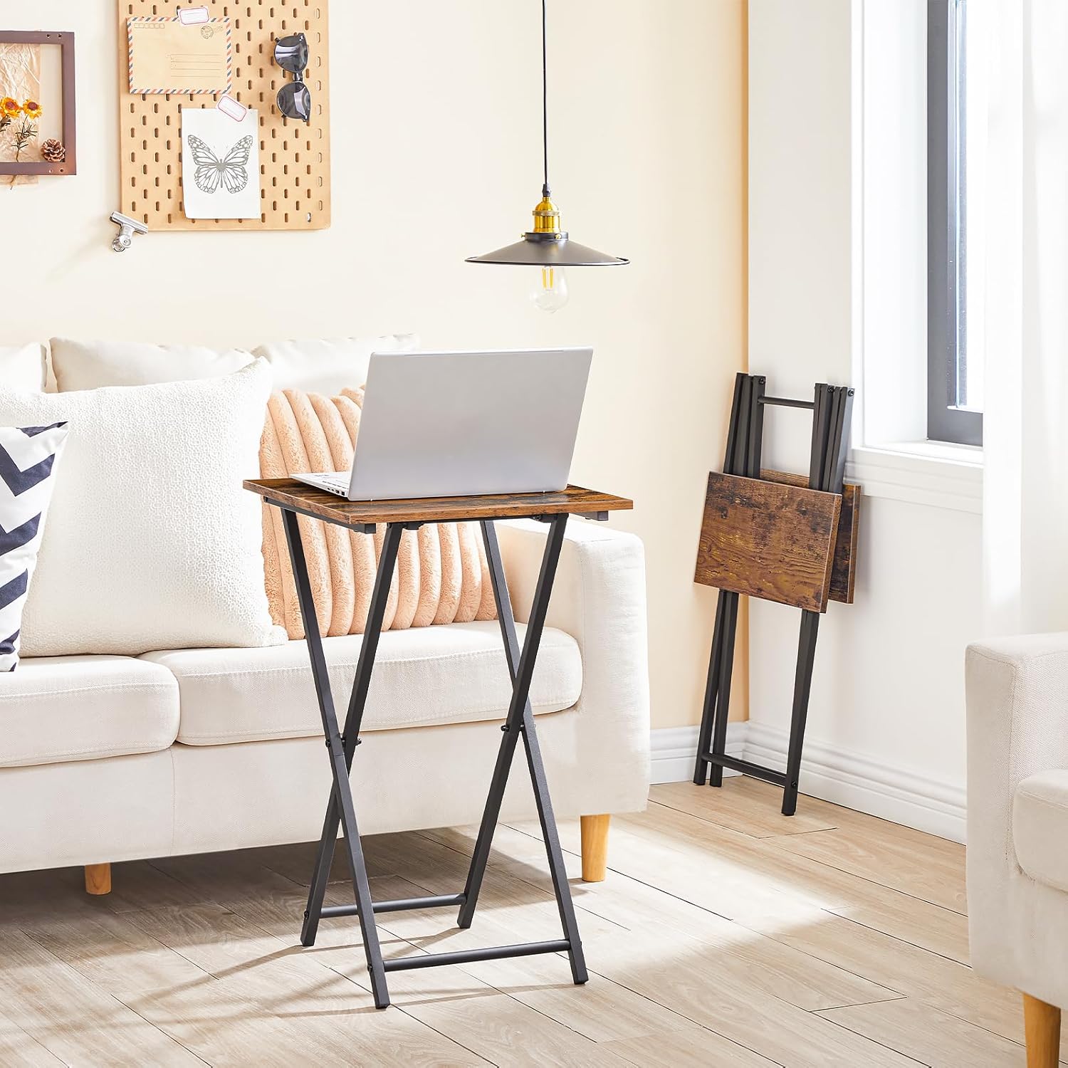 HOOBRO Folding TV Tray Table, Wooden TV Tray, Portable Sofa Side Table, Industrial Snack Table End Table for Small Spaces, Space-Saving, Easy to Install and Fold, Rustic Brown and Black BF27BZ01