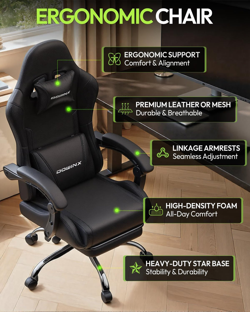 Dowinx Ergonomic Gaming Chair with Footrest & Massage Lumbar, 2D-Linkage Armrests for Computer Chair 330lbs with Headrest Pillow for Office, Home, Streaming and Long Gaming Sessions, Black