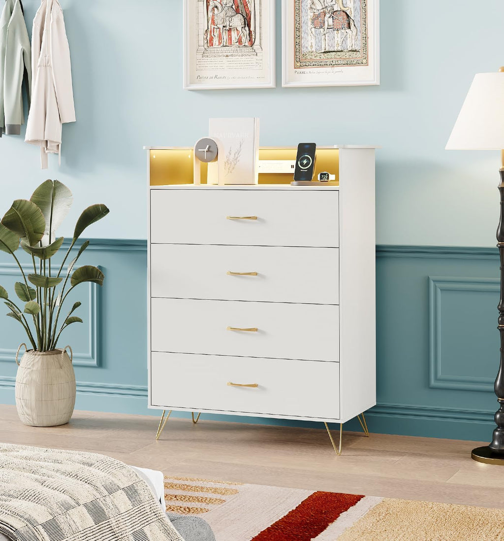 Jojoka 4 Drawer Dresser with RGB LED Light & Charging Station - Modern Chest of Drawers with App Control - Tall Wooden Dressers Chest, Closet for Bedroom, Living Room, Entryway, Hallway – White