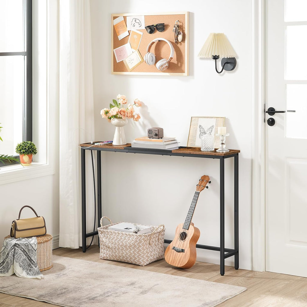 HOOBRO Narrow Console Table with Power Outlets, 44.9 Inches Sofa Table, Slim Behind Couch Table, Entryway Table with Display Shelf, for Living Room, Foyer, Hallway, Rustic Brown and Black BF114UXG01