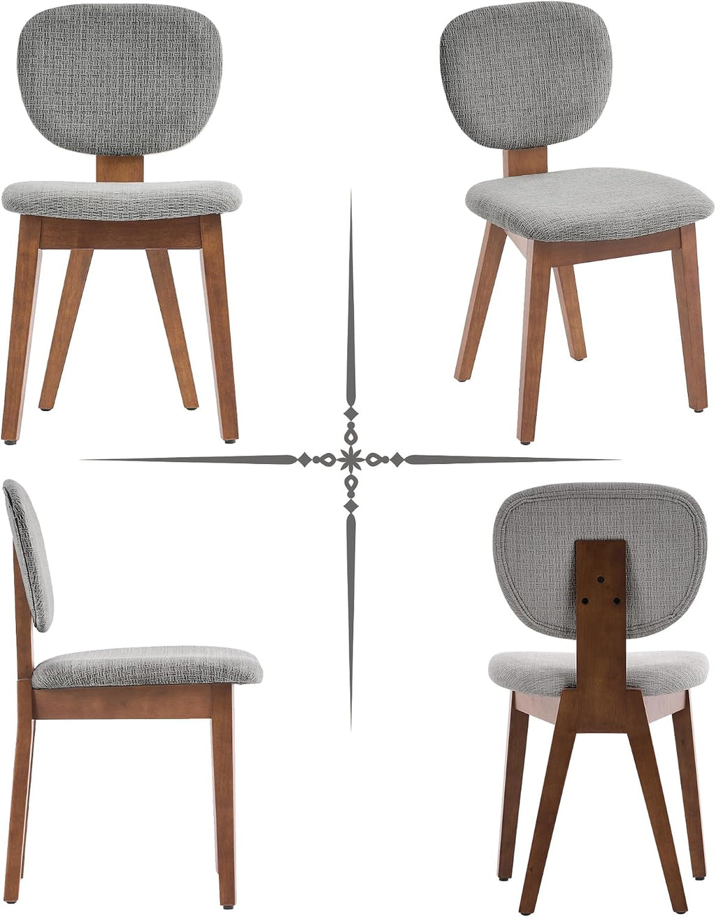 VKNOW Wooden Dining Chairs Set of 6, Mid Century Modern Upholstered Kitchen Side Chairs, Chenille Dining Room Chair with Curved Seat Backrest for Home Dining Room, Grey