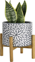 LA JOLIE MUSE Ceramic Planter with Wood Stand - 8 Inch Unique Modern Flower Pots Indoor with Wood Planter Holder and Drainage, Frost Gray