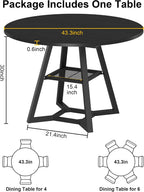 knoworld 43" Round Dining Table for 4, Kitchen Tables Dining Room Circle Dinner Table with Pedestal Metal Frame, Space Saving Wood Industrial Kitchen & Dining Room Tables, Black 43In