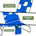 2PK Face-Down Tanning Beach Chair, Adjustable Folding Sunbathing Lounger with Arm Slots, Side Pocket, Lightweight Reclining Chair for Beach, Poolside, Lawn & Patio, Royal Blue