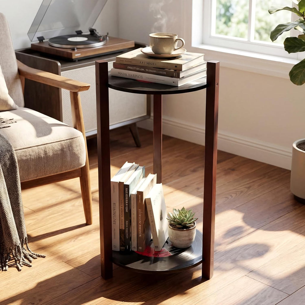Roowest Vinyl Record Table 2 Tier Round Side Table with Storage Shelf Retro Record Desk Music Theme Home Decoration for Room Bedroom Plant Stand 1950's Rock and Roll Music Birthday Party Decor