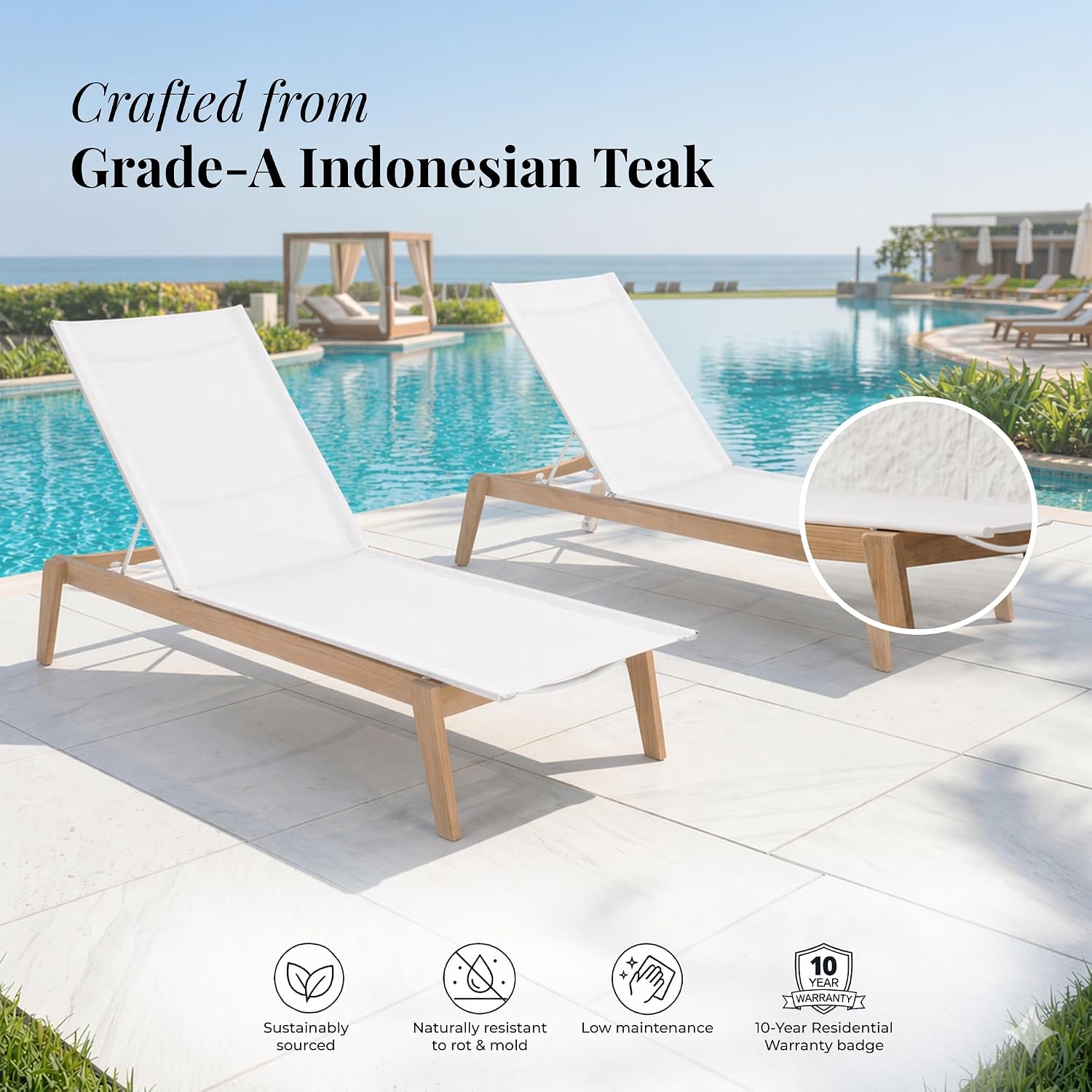 Menlo Stacking Teak & Sling Chaise Lounge Set of 2 — Grade A Teak Adjustable Pool Chairs with Wheels & 5-Position Backrest — Luxury Fully Assembled Poolside Furniture (White)
