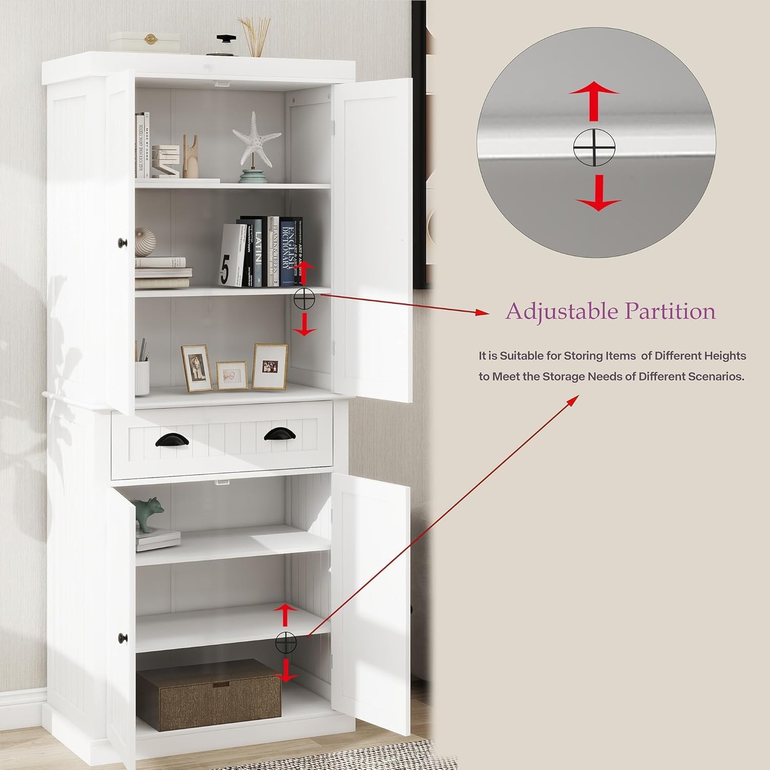 Freestanding Kitchen Pantry with Dawer, 4 Shelves, 2 Double Doors, Rectangular Storage Cabinet, Modern Minimalist, for Living Room, Dining Room, White