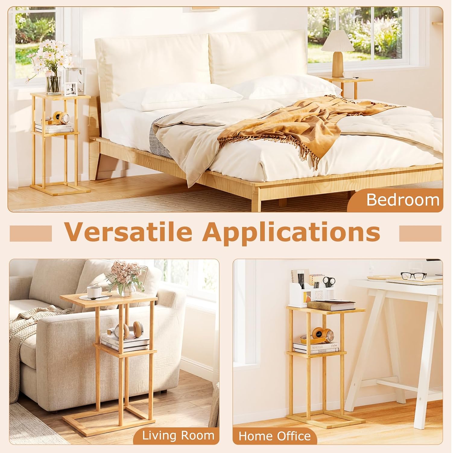 Giantex Bamboo Side Table Set of 2, 3-Tier Narrow End Table with Storage Shelves, Accent Sofa Couch Bedside Table, Boho Night Stand for Living Room Bedroom Small Spaces (16’’L x 11’’W x 25.5’’H)