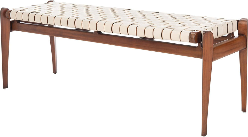 Safavieh Couture Home Dilan 47-inch White and -Light Brown Leather Weave Bench