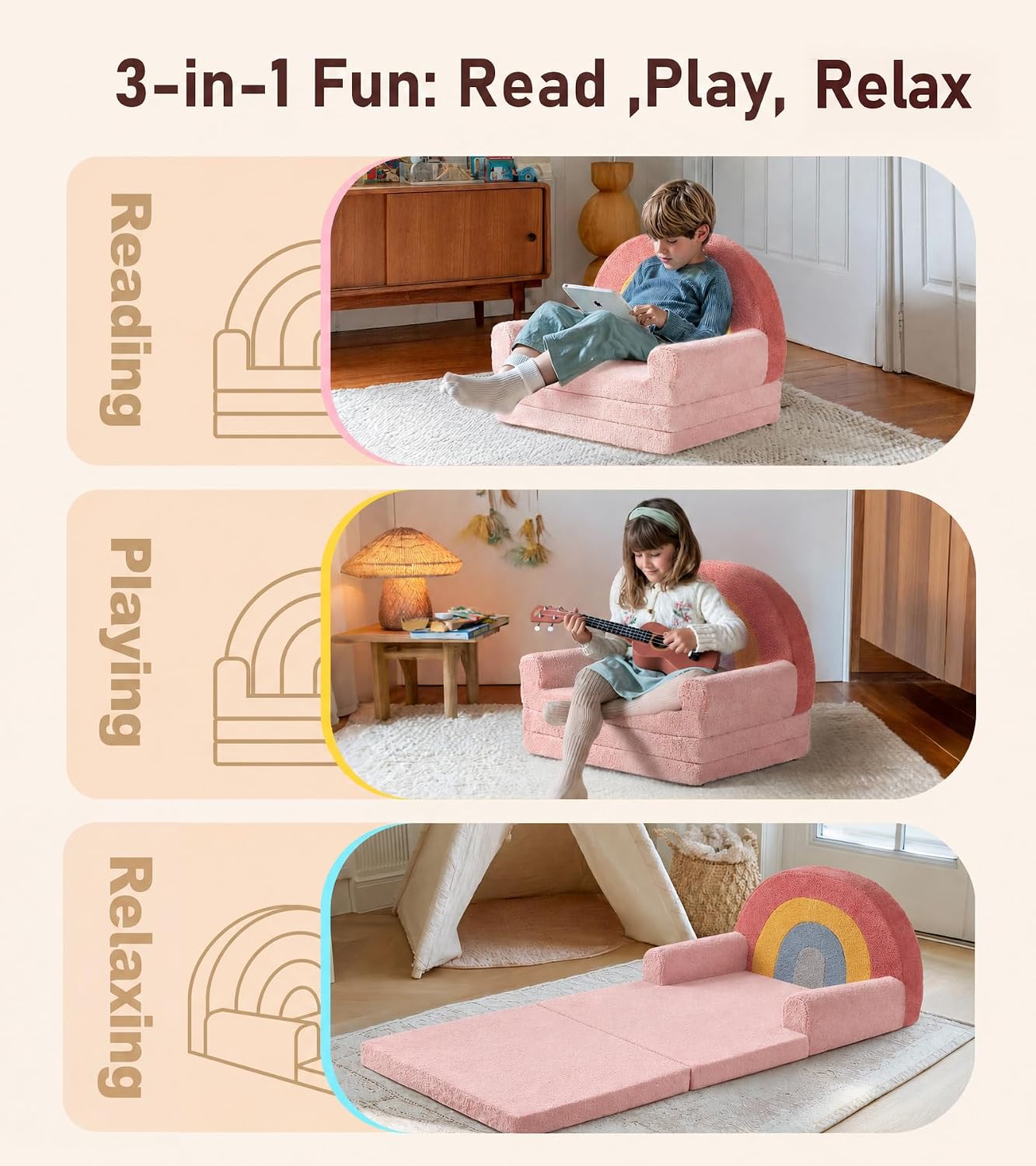 little dove Extra Wide Soft Kids Couch Fold Out, 2-in-1 Kids Couch, Convertible Kid Sofa, Kid Furniture for Playroom, Ideal Gifts for Boys & Girls Ages 3+, Pink