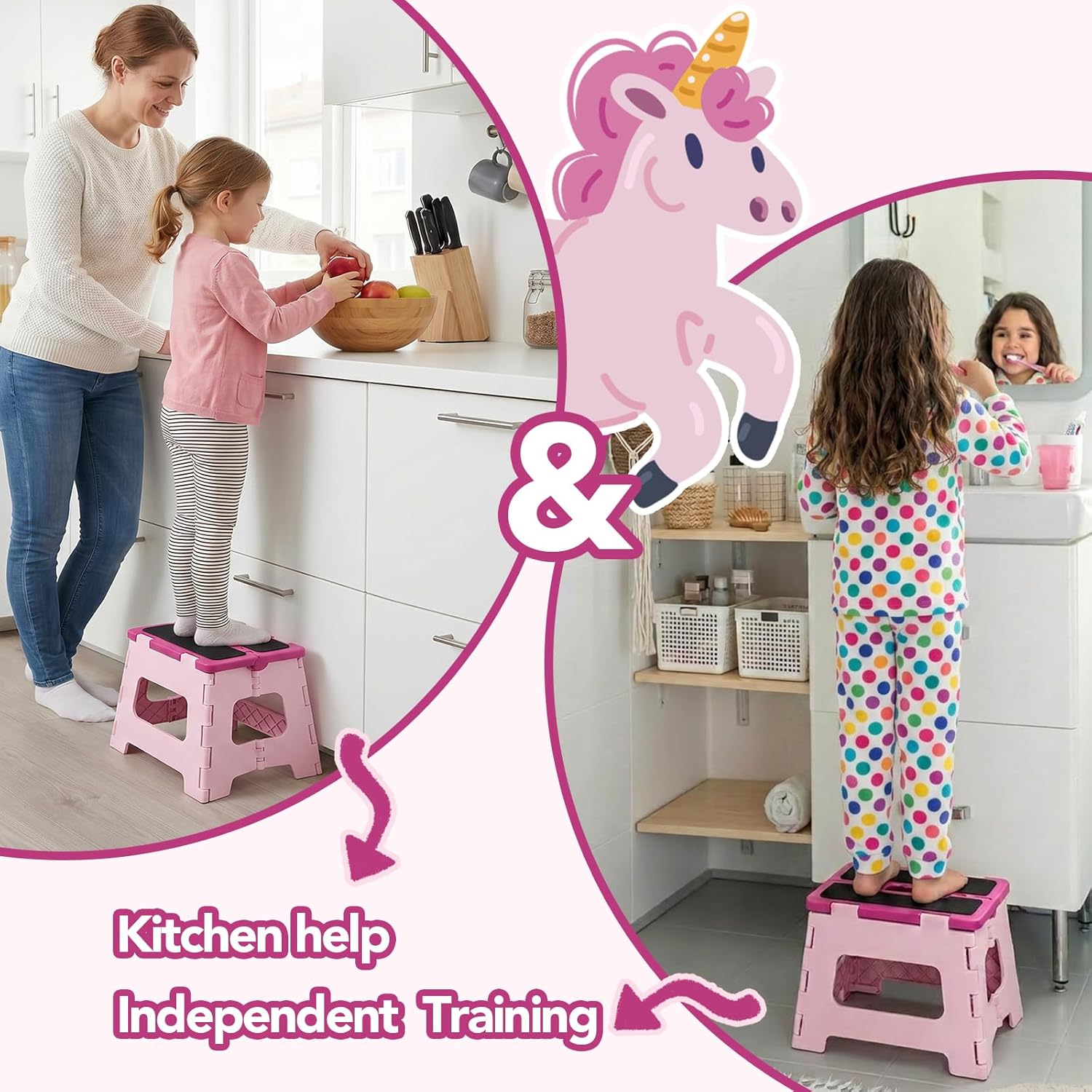 Delxo 9 Inch Folding Step Stool for Kids - Includes 3 Alphabet Letter Stickers & 2 Non-Slip Grip Pads, Sturdy Foldable Foot Stool for Toddlers, Kitchen, Bathroom & Bedroom (Pink)