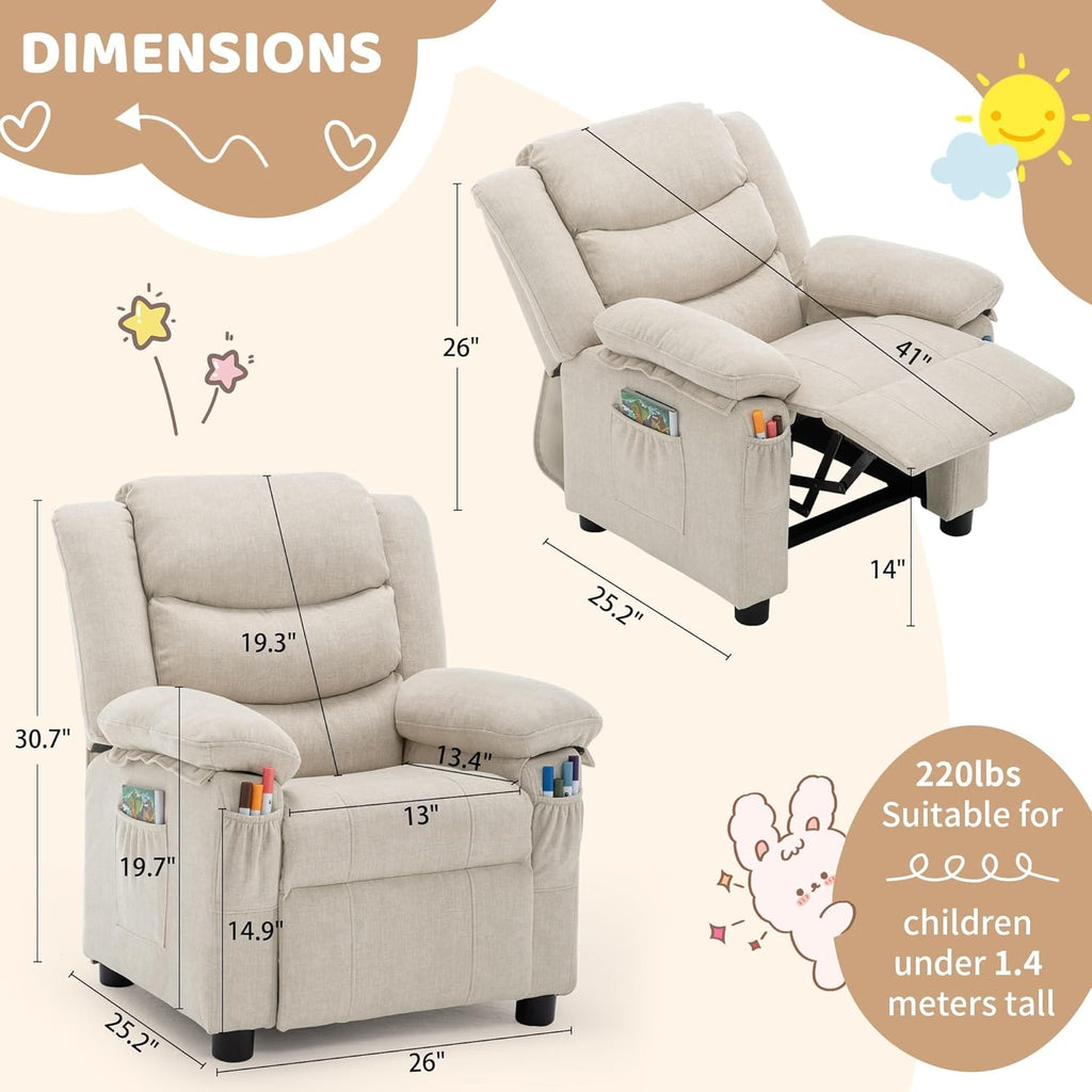 Korser Kids Recliner Chair, Push Back Toddler Recliners with Side Pockets, Child Recliner with Footrest, Cashmere Fabric Kid Chair for Girls Boys Kids Room, Children's Rooms (Beige)