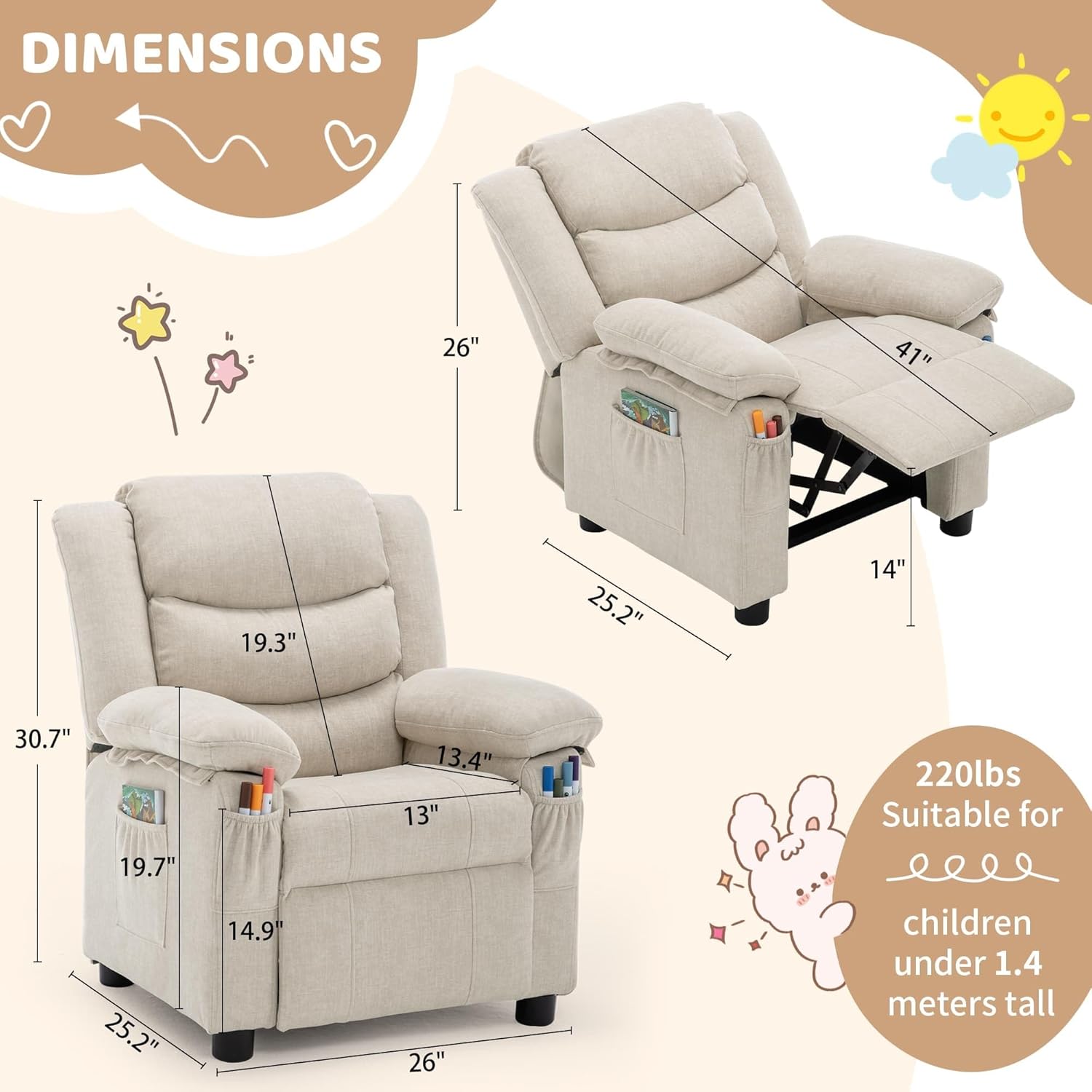 Korser Kids Recliner Chair, Push Back Toddler Recliners with Side Pockets, Child Recliner with Footrest, Cashmere Fabric Kid Chair for Girls Boys Kids Room, Children's Rooms (Beige)