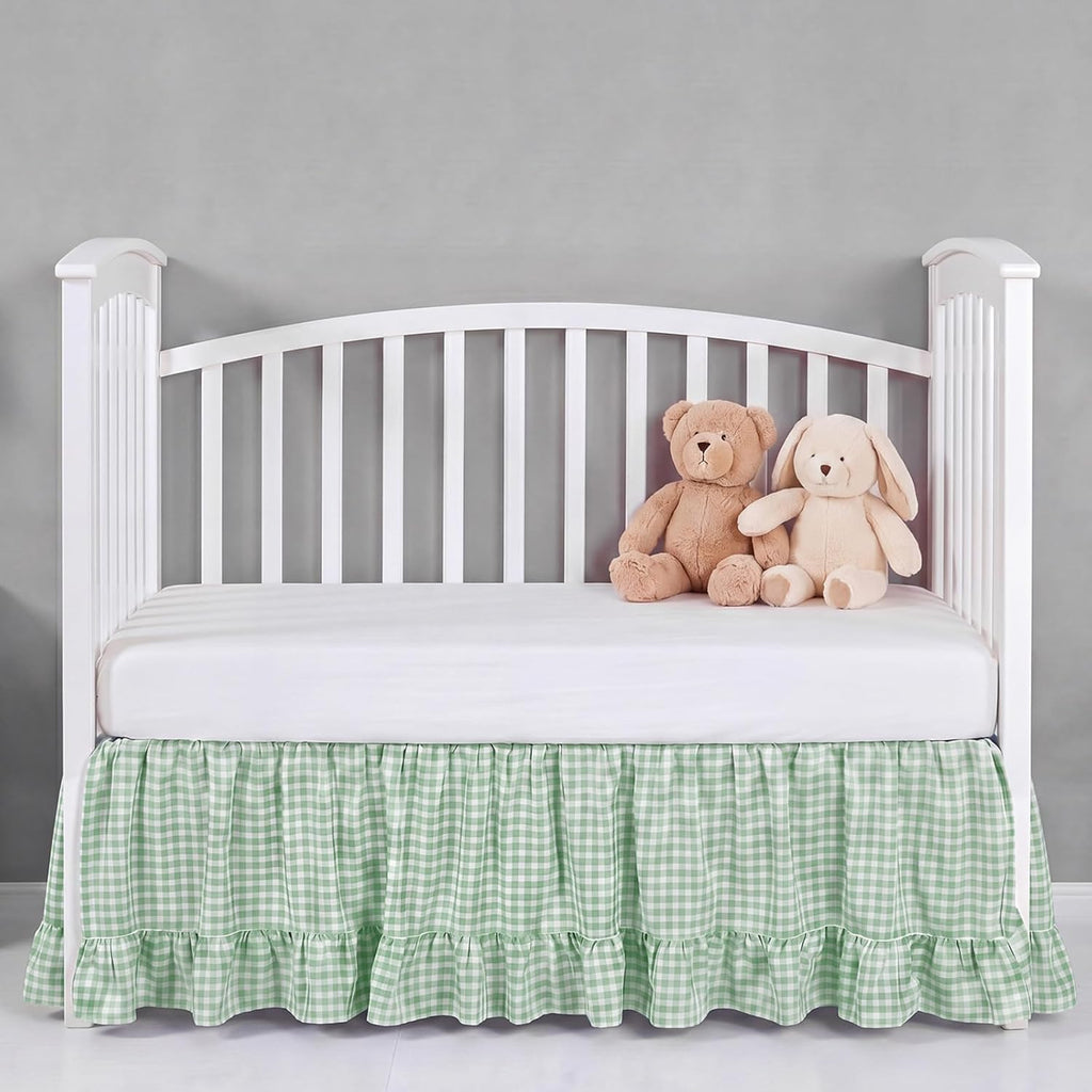 Gingham Crib Skirt Dust Ruffle 52 x 28 Inch 100% Washed Cotton Ruffle Plaid Baby Crib Bed Skirt Soft Farmhouse for Boys & Girls Nursery Bedding Decor, Fits Standard Cribs(Green)