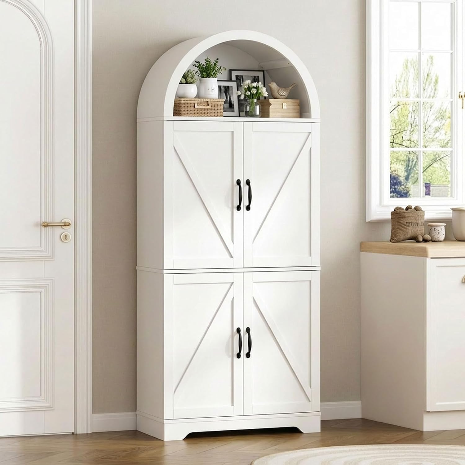 70" Tall Arched Pantry Cabinet, Kitchen Cupboard with Barn Doors, Adjustable Shelves & 3-Color Human Sensor LED Lights for Kitchen/Living Room, White