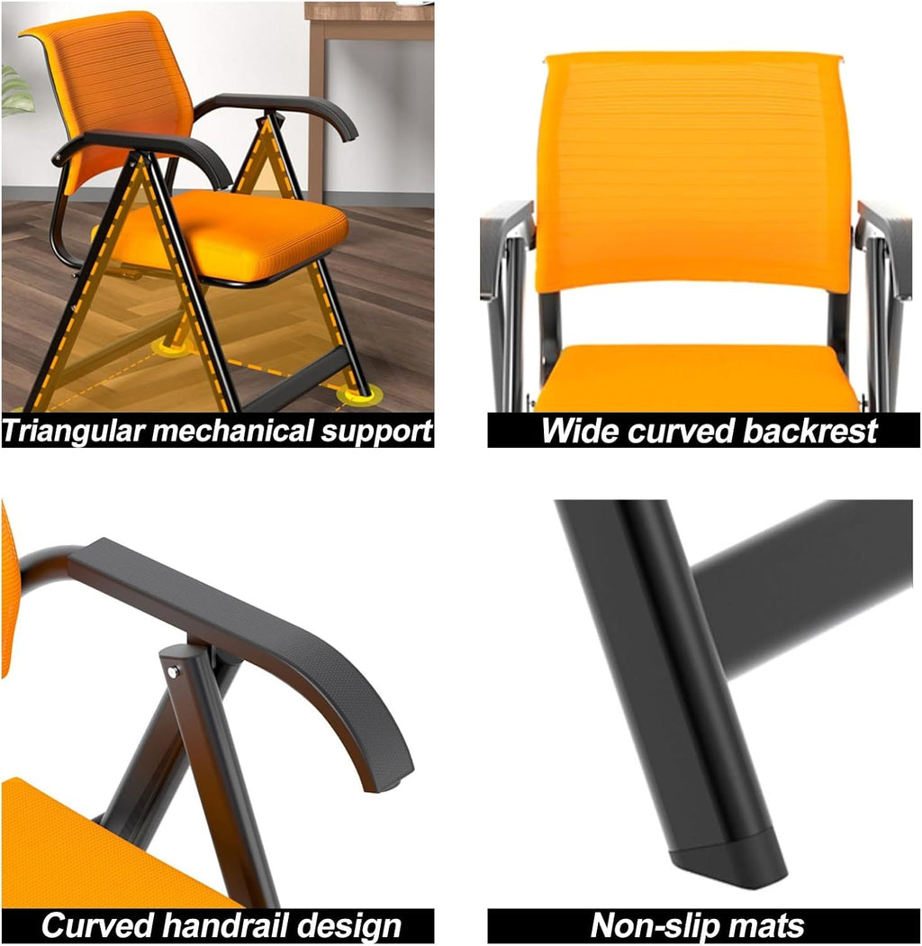 Folding Chair, Office Upholstered Folding Chair with Armrests, Stackable, Thick Cushion, Lumbar Support, Mesh Breathable Elastic Backrest, Suitable for Office, Training Room(Black)
