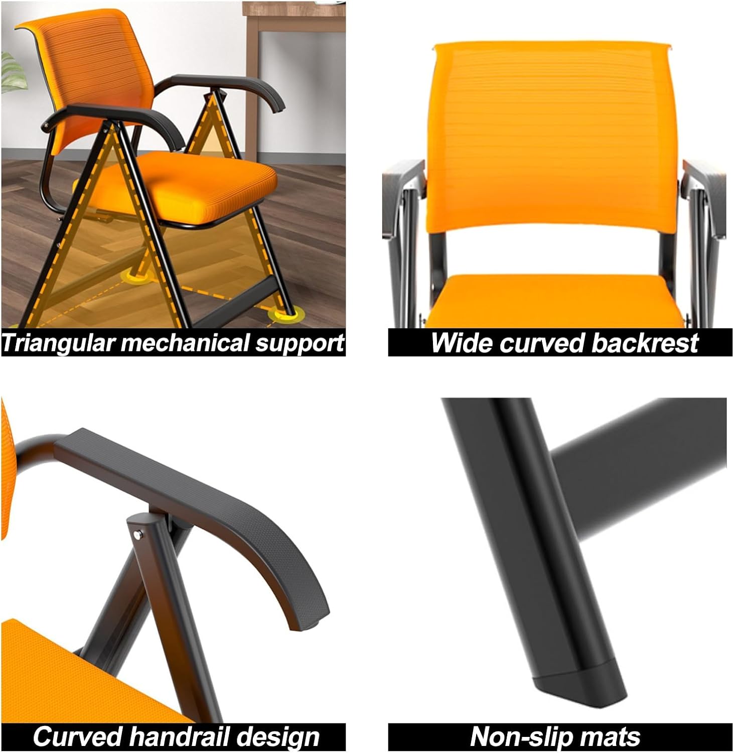 Folding Chair, Office Upholstered Folding Chair with Armrests, Stackable, Thick Cushion, Lumbar Support, Mesh Breathable Elastic Backrest, Suitable for Office, Training Room(Black)