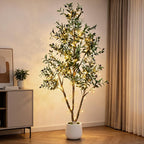 TNELTUEB 6FT Artificial Olive Tree Indoor with Lights & Planter, Realistic Faux Olive Trees with Lifelike Fruits for Living Room Decor, Tall Fake Silk Plants for Modern Home Office