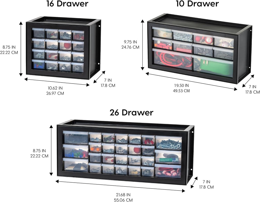IRIS USA 26-Drawer Teacher Toolbox, Made in USA, Stackable Plastic Storage Drawers for Crafts, Stickers, Crayons, Markers, Beads, Hardware, Building Bricks, Organizer Cabinet, Garage Storage, Black