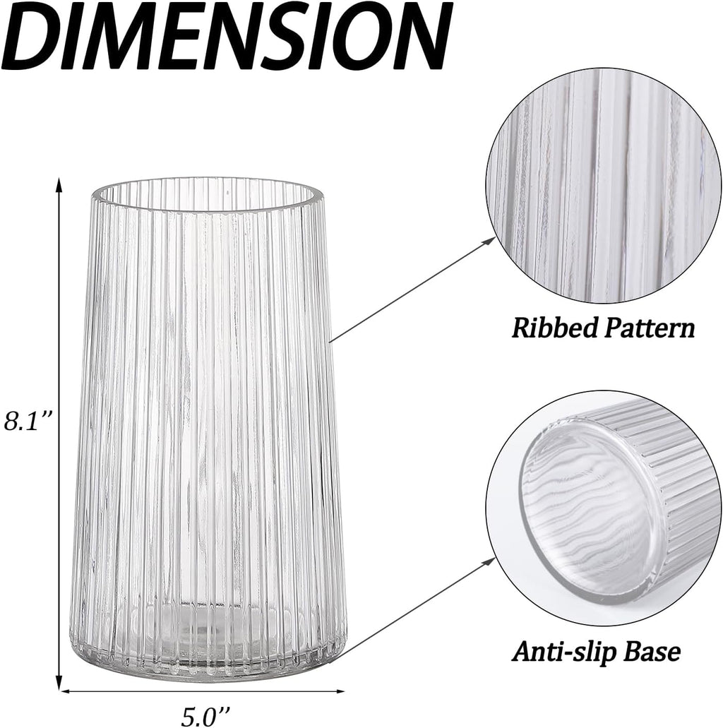 Clear Glass Vase for Flower, Flower Vase for Bouquet, Modern Glass Vases, Ribbed Vases for Living Room, Bedroom, Dining Table, Office, Wedding, Centerpieces, 8 Inches