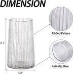 Clear Glass Vase for Flower, Flower Vase for Bouquet, Modern Glass Vases, Ribbed Vases for Living Room, Bedroom, Dining Table, Office, Wedding, Centerpieces, 8 Inches