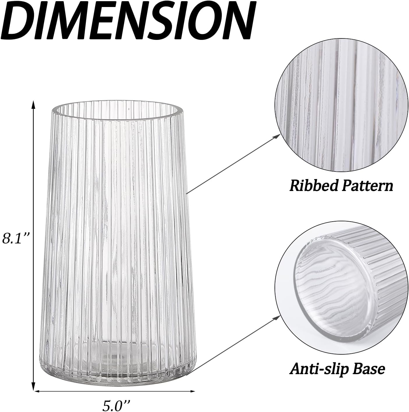Clear Glass Vase for Flower, Flower Vase for Bouquet, Modern Glass Vases, Ribbed Vases for Living Room, Bedroom, Dining Table, Office, Wedding, Centerpieces, 8 Inches