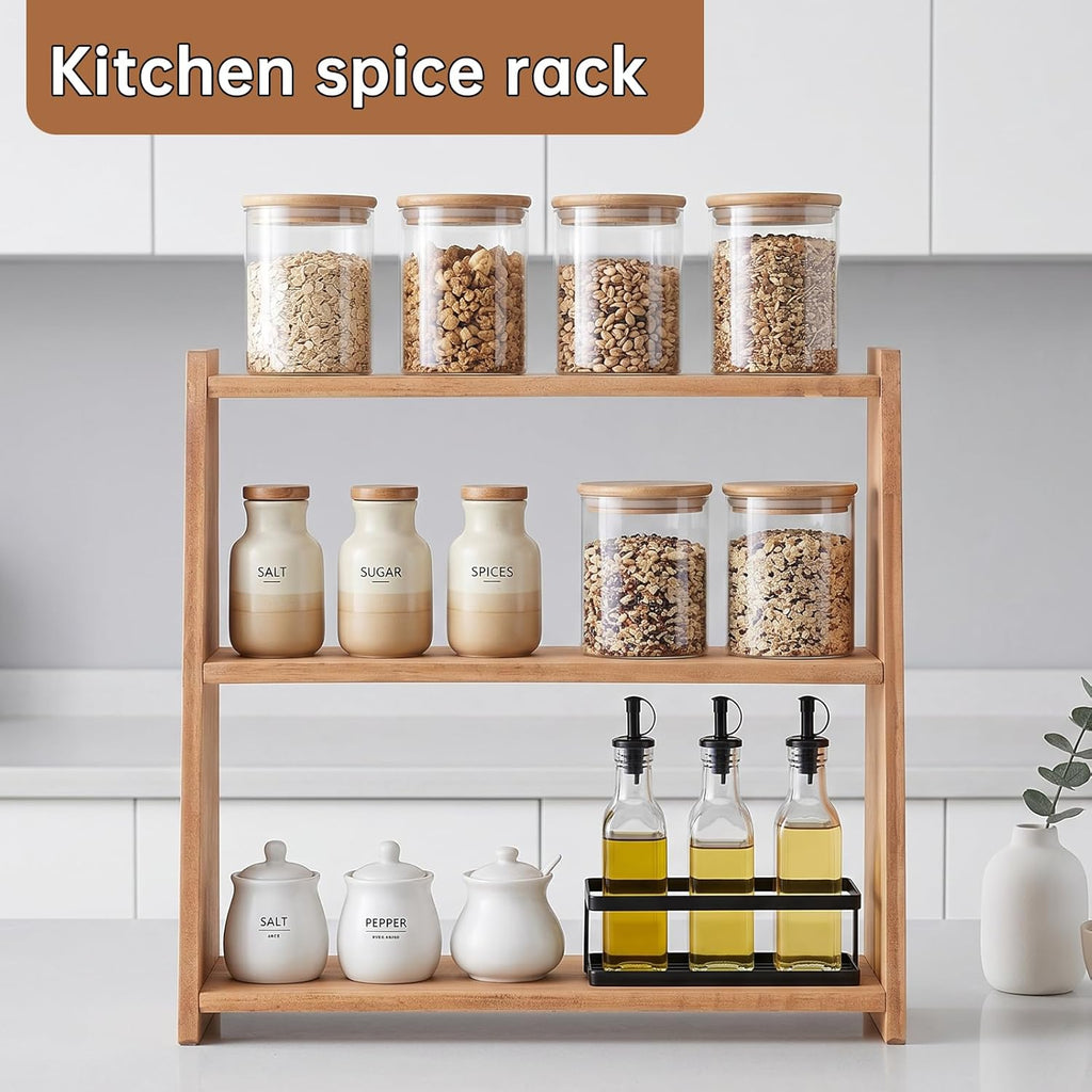 Solid Rubber Wood Spice Rack,Wood Round Side Table,Small Drink Table for Small Spaces,3 Tier Freestanding & Wall Mounted Kitchen Countertop Organizer