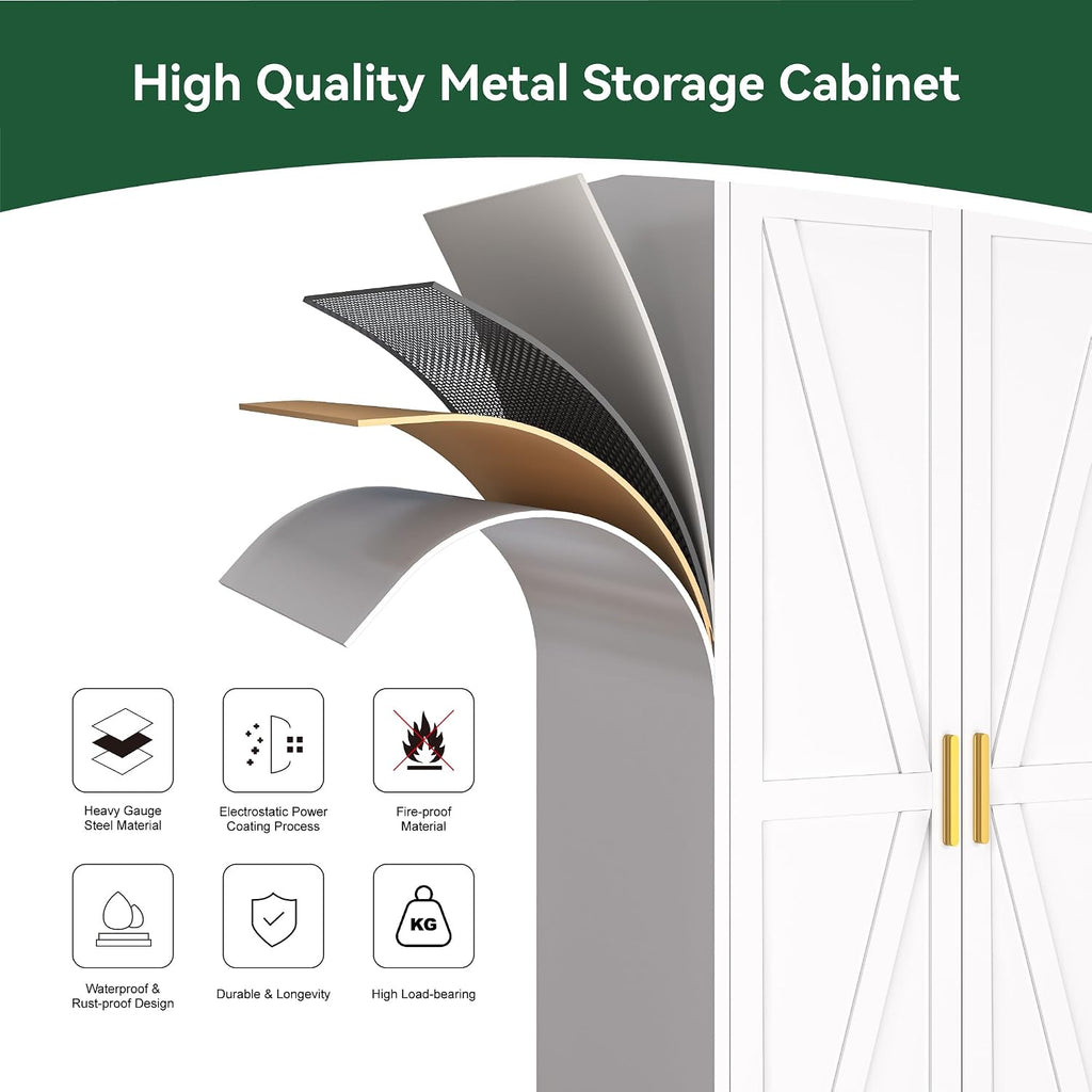 Metal Combination Cabinet, Tall Closet Storage Cabinet with 4 Shelves, Farmhouse Wardrobe Closet with Doors and Hanging Rod for Laundry Mudroom Office Bedroom