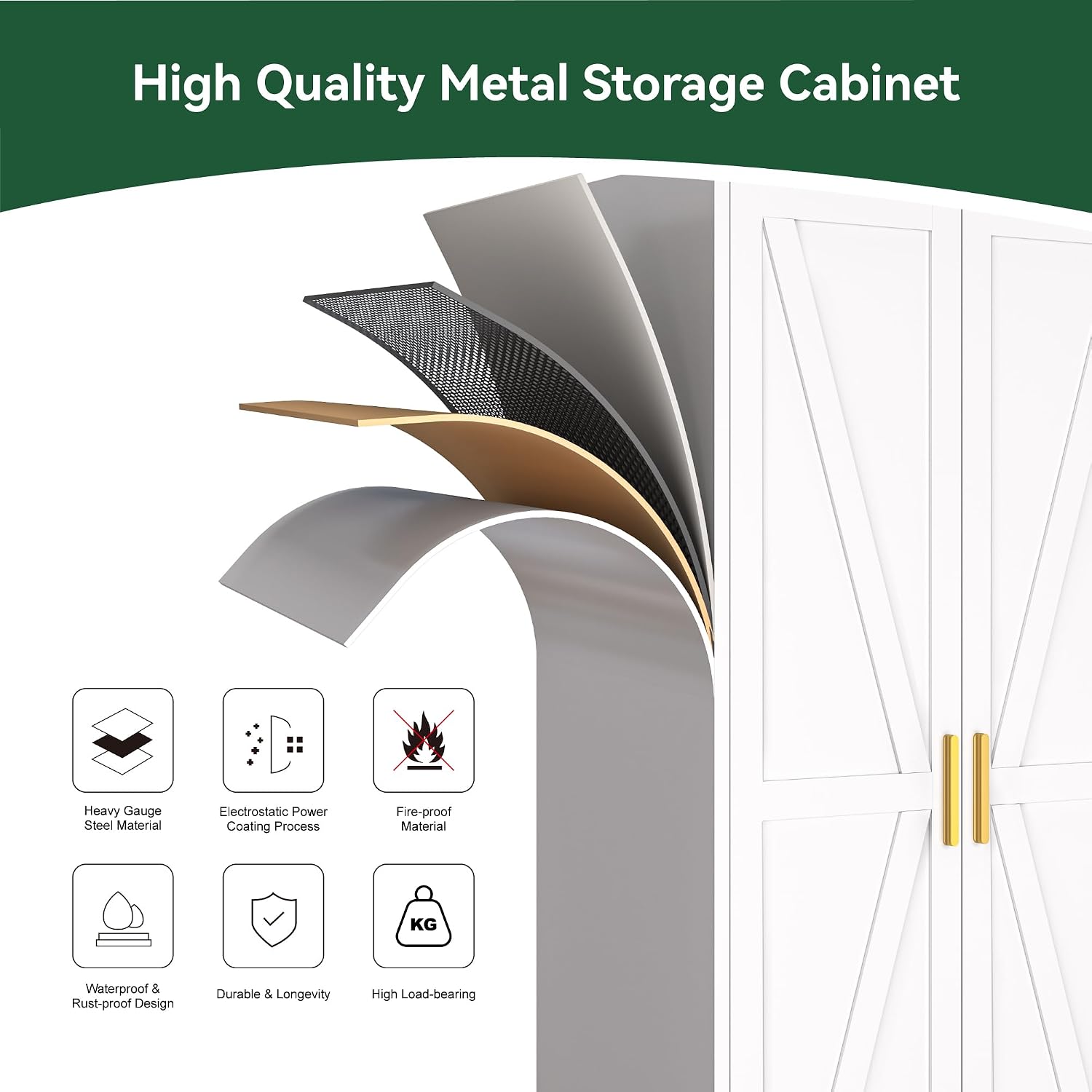 Metal Combination Cabinet, Tall Closet Storage Cabinet with 4 Shelves, Farmhouse Wardrobe Closet with Doors and Hanging Rod for Laundry Mudroom Office Bedroom