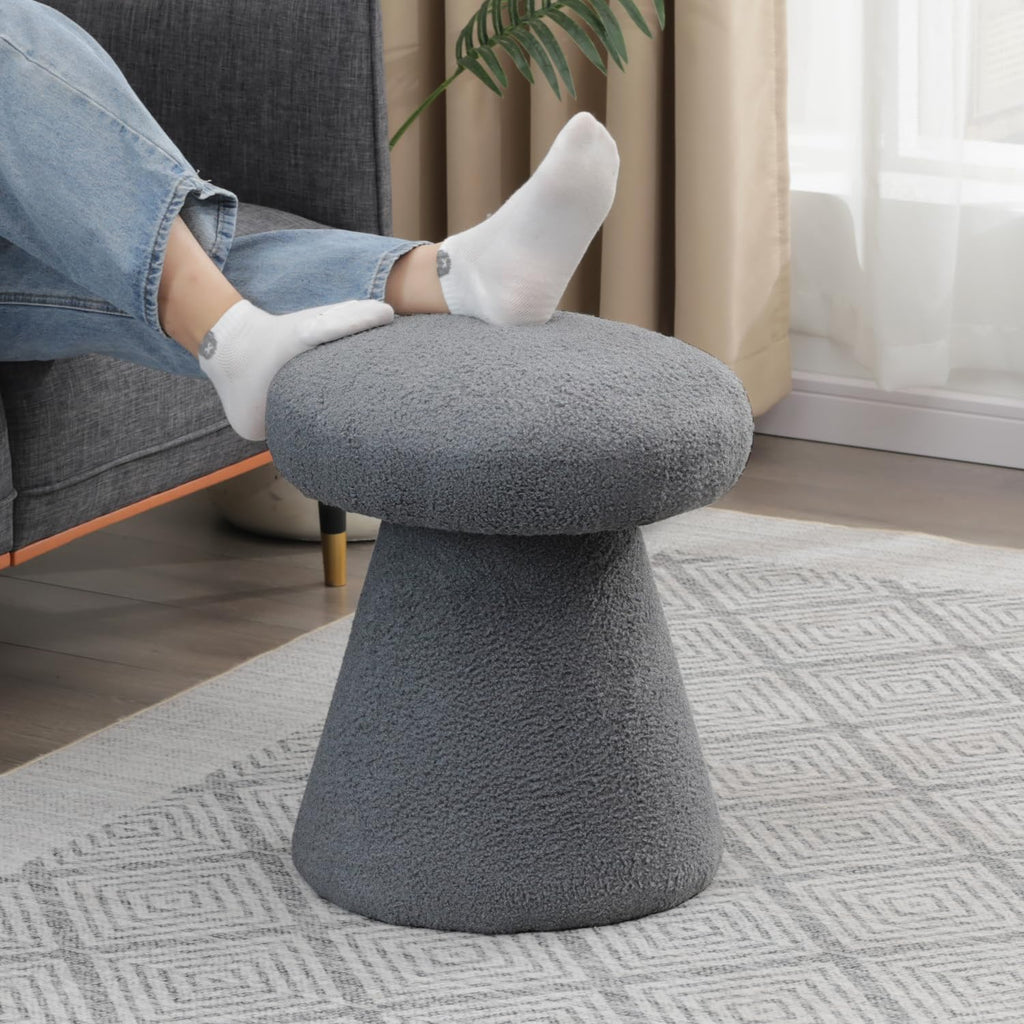 Mushroom Ottoman, 18” Boucle Foot Stool for Living Room & Bedroom, Cute Vanity Stool, Accent Footrest for Entryway, No Assembly Required, Gray