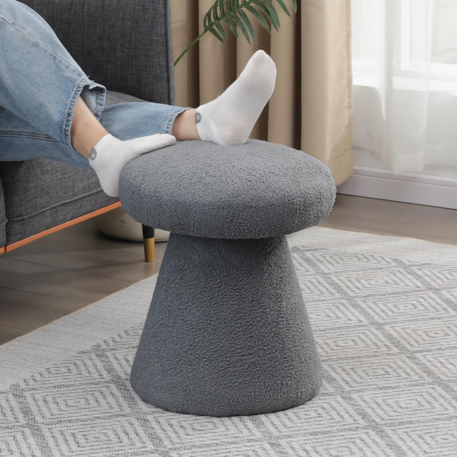 Mushroom Ottoman, 18” Boucle Foot Stool for Living Room & Bedroom, Cute Vanity Stool, Accent Footrest for Entryway, No Assembly Required, Gray