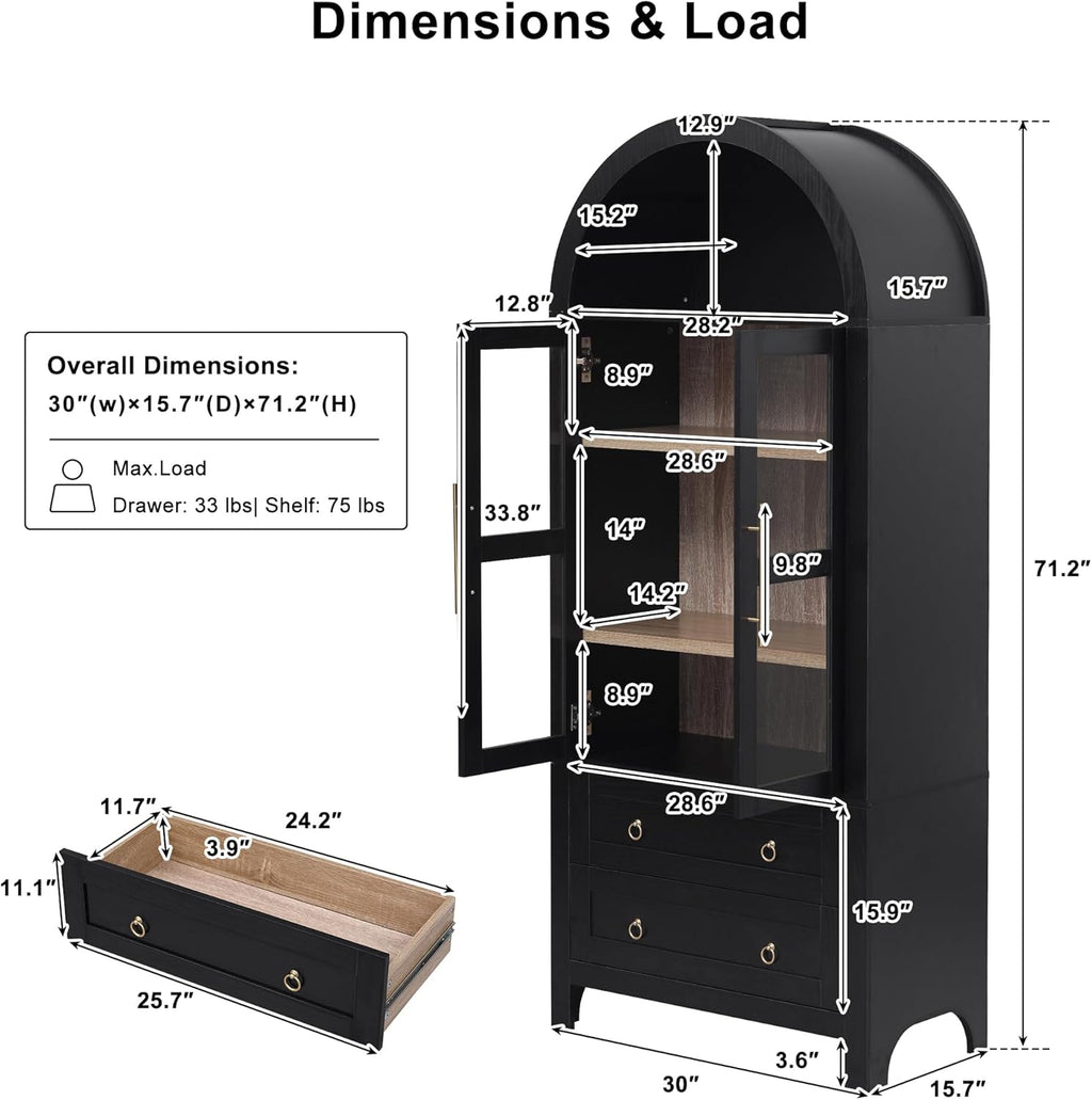 71" Tall Arched Kitchen Pantry with Glass Doors and 2 Large Drawers, Farmhouse Kitchen Storage Cabinet with Adjustable Shelves, Wood Versatile Cupboard for Dining Room (Black-3.12)