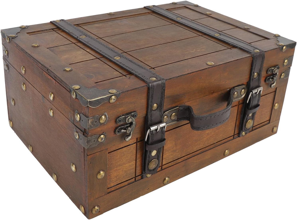 Sonew Vintage Distressed Wooden Storage Trunk with Textured Leather Handle for Multipurpose Use - Portable Antique Style Wood Chest for Clothes, Toys, and Photo Props (Large)