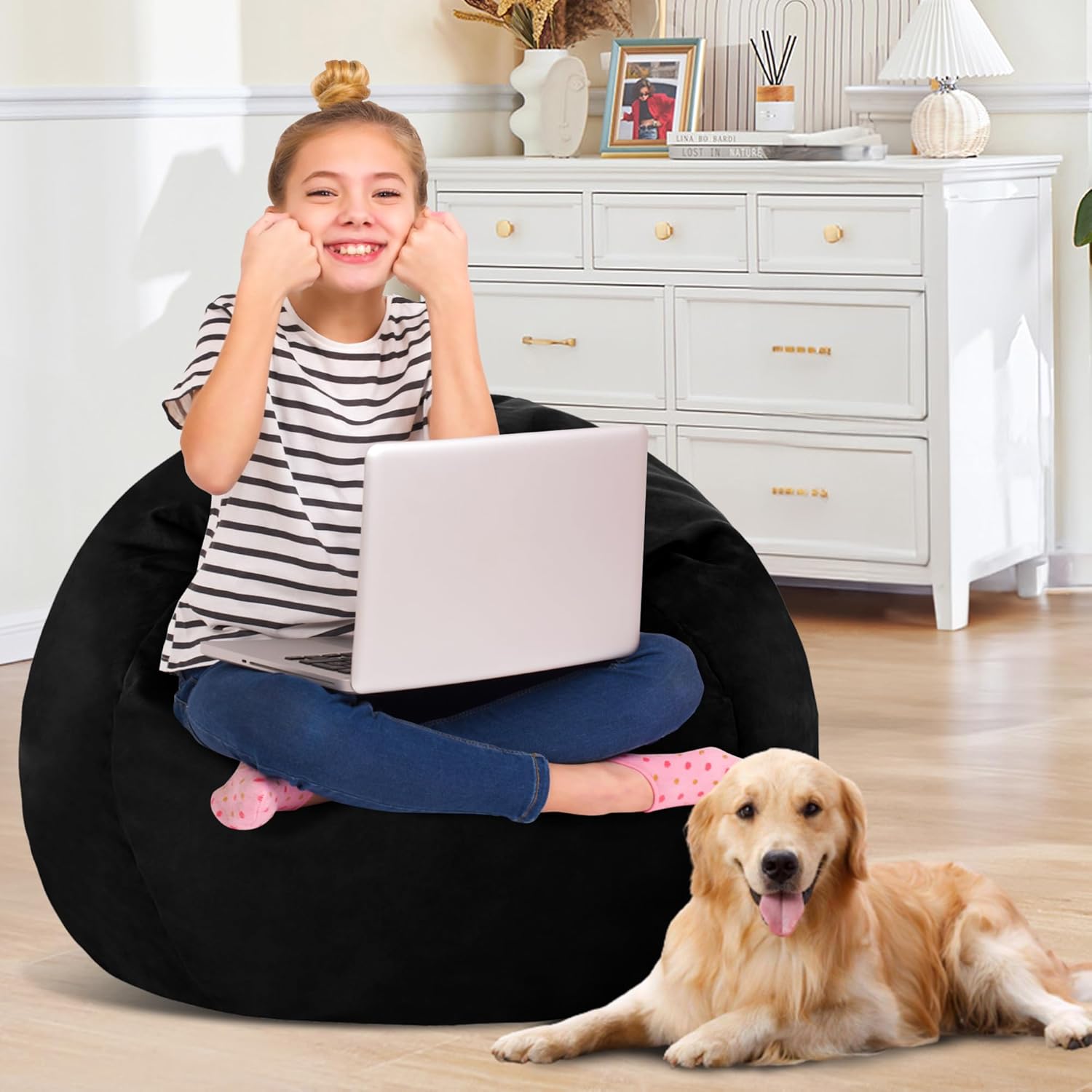 2FT Bean Bag Chair with Ultra Soft Velvet Cover Bean Bag Sofa with Memory Foam Bean Bag Chairs with Large Size Lazy Sofa for Dorm Office Living Room Bedroom Black 2'