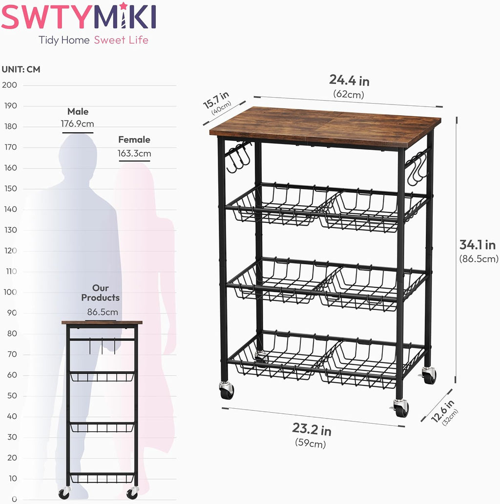 SWTYMIKI 24.4''x15.7'' Rolling Microwave Cart - 4 Tier Microwave Table Stand with 6 Storage Baskets, Coffee Bar with Wheels, Kitchen Utility Cart Shelf Rack Organizer for Vegetables, Potato, Brown