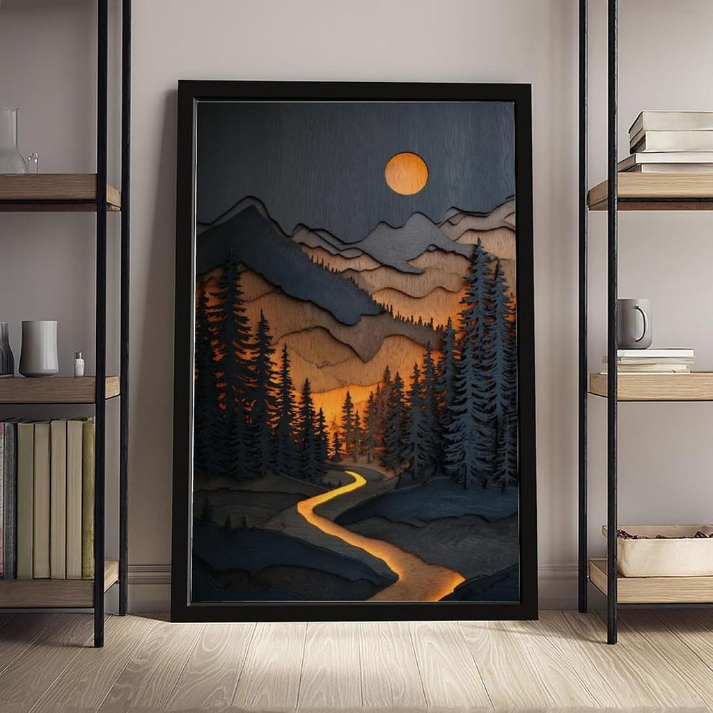 WANXU Sparkling River And Full Moon Layered Mountain Landscape Wall Print, Rustic Forest Scene for Country House Decor Or Themed Interiors Canvas Poster Bedroom Decor Sports Landscape Office Room Deco