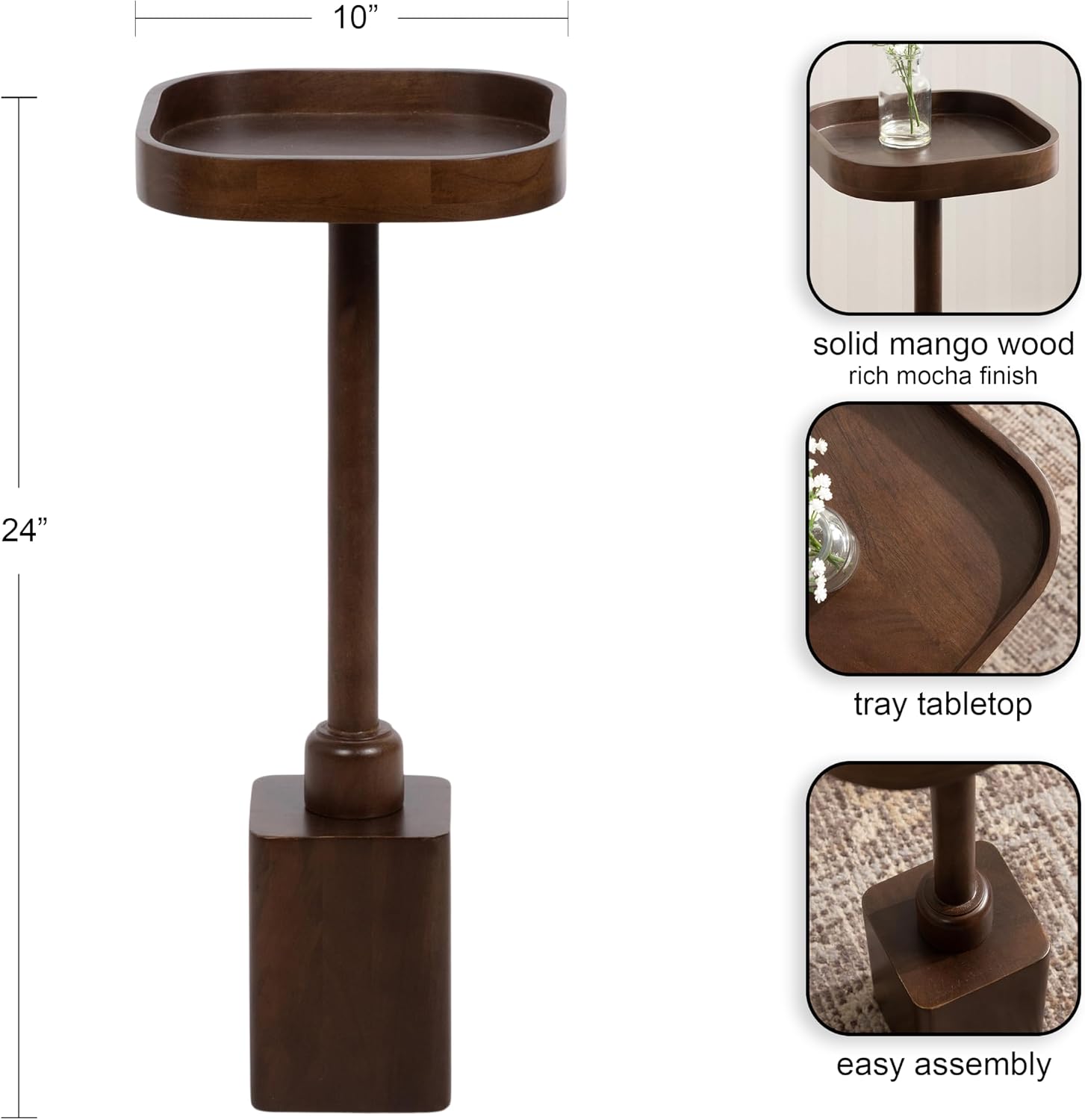 Kate and Laurel Woodrow Modern Mango Wood Square Drink Table, 10 x 10 x 24, Dark Brown, Transitional Rounded Square Mini Table for Use as Indoor Plant Stand or Wooden Living Room Accent