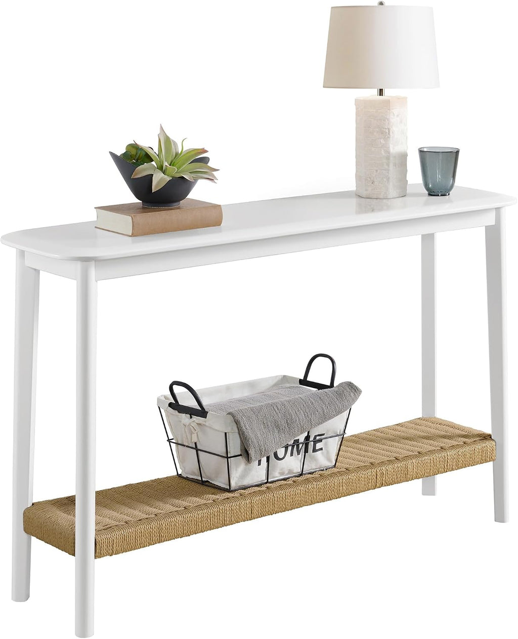 Alaterre Furniture Calais 48 Inch Wooden Console Table with Woven Storage Shelf – Mid Century Modern 2-Tier Entryway or Sofa Table for Living Room, Hallway, or Foyer (White)