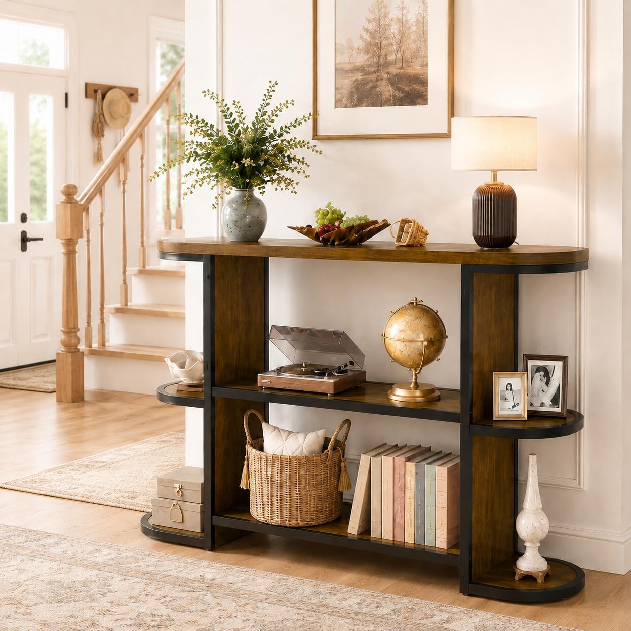 Gewudraw 39” Console Table with Storage, 3 Tier Entryway Table with Round Corners, Industrial Narrow Sofa Table Behind Couch for Living Room, Hallway, Entryway, Rustic Brown