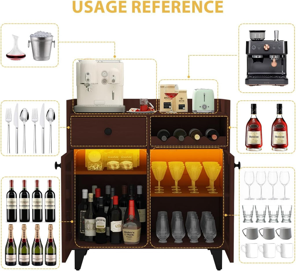 COCO DESIGN Small Wine Cabinet with Glass Doors, Liquor Bar Cabinet with Light for Alcohol, Buffet Coffee Sideboard with Adjustable Shelf for Kitchen, Walnut