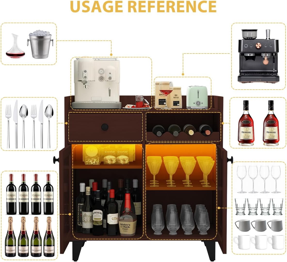 COCO DESIGN Small Wine Cabinet with Glass Doors, Liquor Bar Cabinet with Light for Alcohol, Buffet Coffee Sideboard with Adjustable Shelf for Kitchen, Walnut