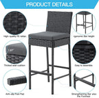 ECOTOUGE Outdoor Bar Stools Set of 4, Wicker Woven Patio Stools & Patio Bar Chairs with Seat Cushion and Cozy Footrest, Rattan Furniture Armless Counter Height for Pool Lawn Porch Backyard, Black
