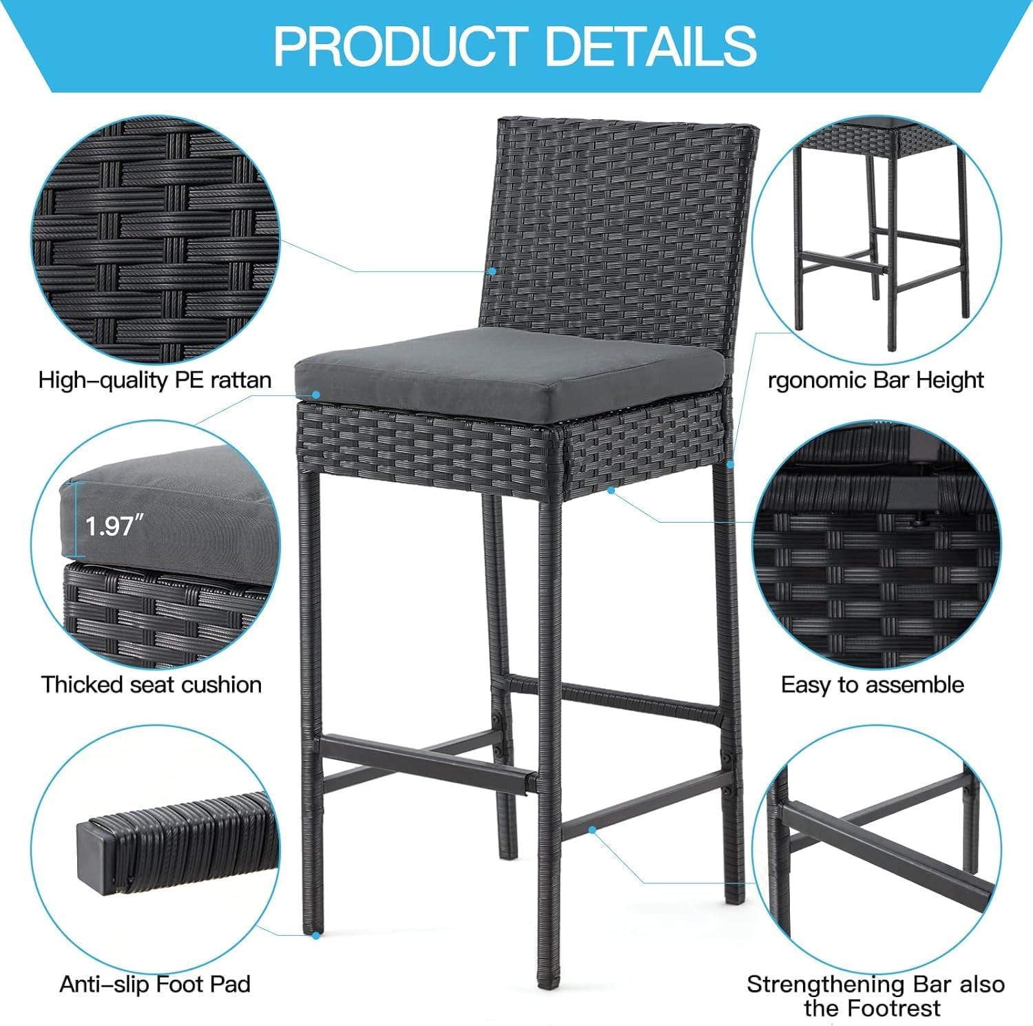 ECOTOUGE Outdoor Bar Stools Set of 4, Wicker Woven Patio Stools & Patio Bar Chairs with Seat Cushion and Cozy Footrest, Rattan Furniture Armless Counter Height for Pool Lawn Porch Backyard, Black