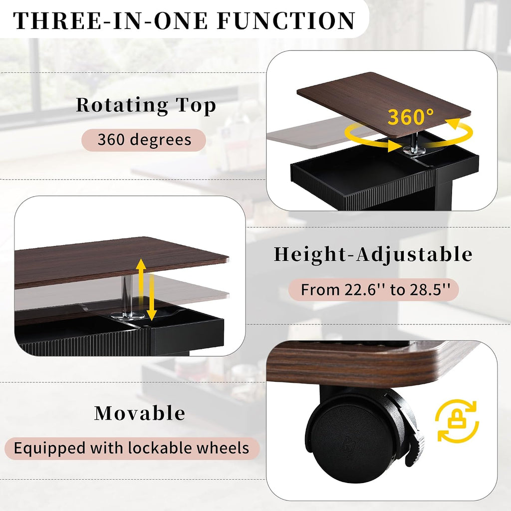 Modern Adjustable End Table with Wheels, 360° Rotating and Adjustable Lift-Top Design, Multifunctional Sofa Side Table with Storage Space for Living Room, Small Space (Black+Brown/508)