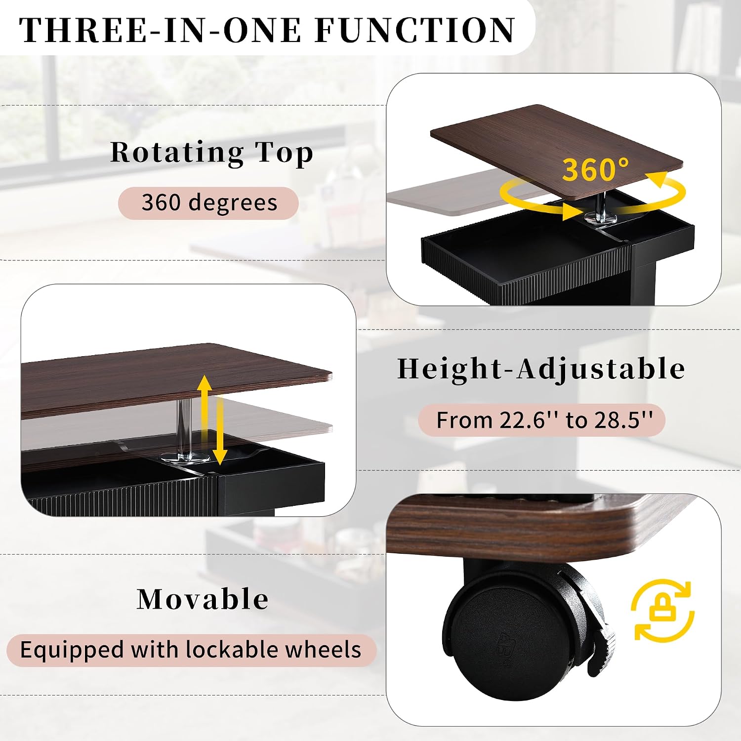 Modern Adjustable End Table with Wheels, 360° Rotating and Adjustable Lift-Top Design, Multifunctional Sofa Side Table with Storage Space for Living Room, Small Space (Black+Brown/508)