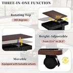 Lift Top End Table with Wheels, Rotating Sofa Side Table, 360°Rotating Top & Storage Space for Living Room, Bedroom, Small Space (Black+Brown)