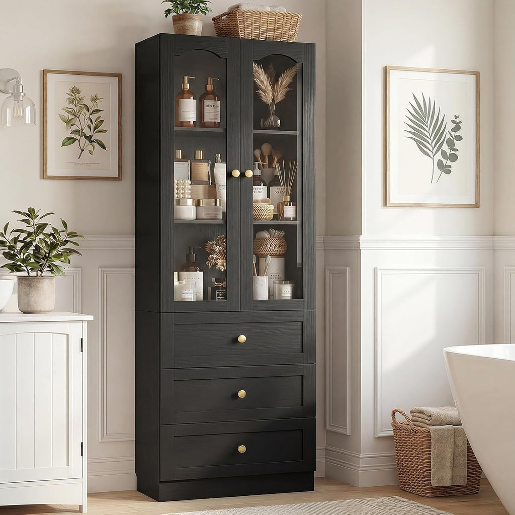Cyclysio 80" Tall Pantry Cabinet for Kitchen Storage, Black Pantry Cabinet with Glass Doors & 3 Drawers - Freestanding Storage Bookcase with Built-in Baseboard Notch for Dining, Living Room