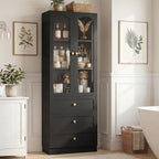 Cyclysio 80" Tall Pantry Cabinet for Kitchen Storage, Black Pantry Cabinet with Glass Doors & 3 Drawers - Freestanding Storage Bookcase with Built-in Baseboard Notch for Dining, Living Room
