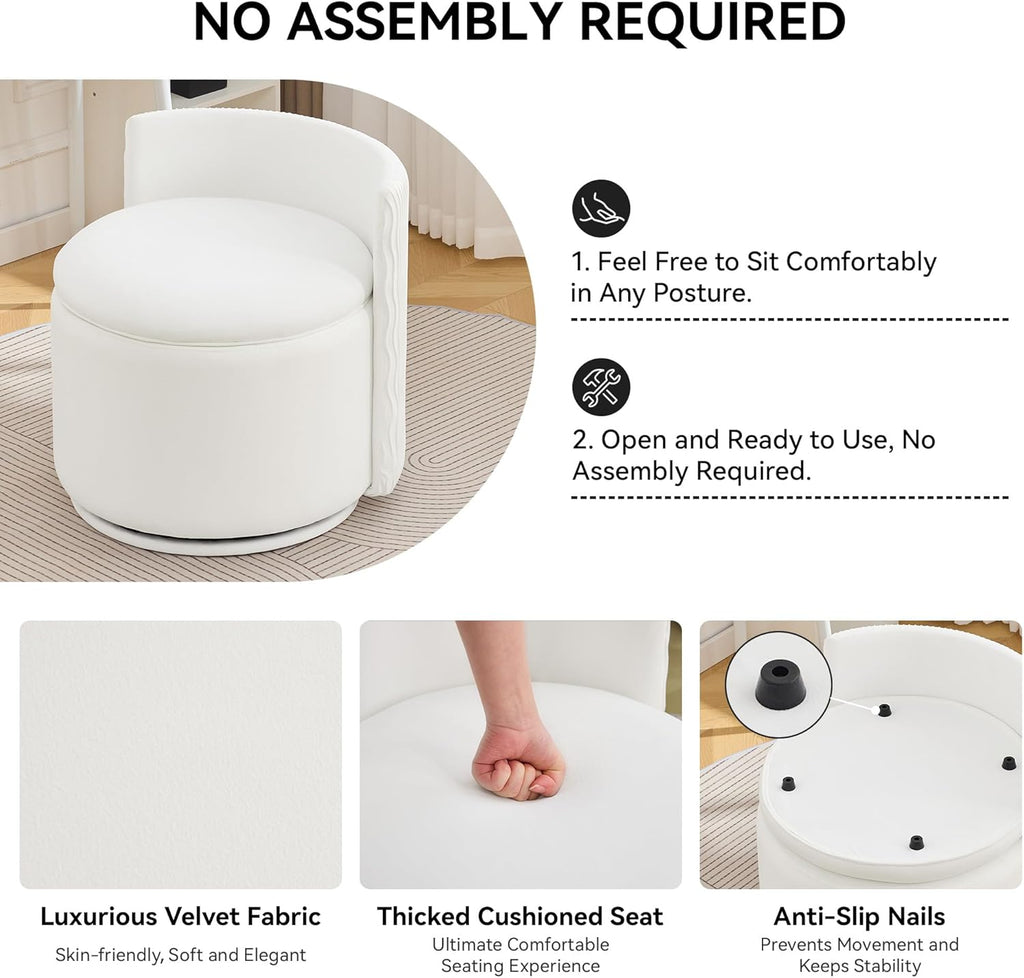 WUTUTUEE Large Velvet Vanity Chair with Storage, 360° Swivel Makeup Chair with Wave Back, No Assembly Small Accent Stool for Bedroom, Dressing, Living Room, White